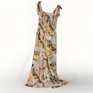 fanco floral jumpsuit womens M ivory tropical smocked wide leg tie strap pockets